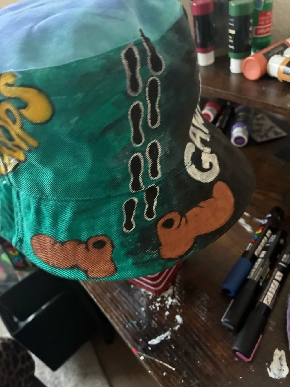 mine Painted Teal & Blue Kids Bucket Hat with Yellow 'WHOOPS'